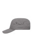 A grey military cap featuring a flat top and a curved brim, with ventilation eyelets on the sides.