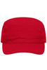 A red military cap featuring a sturdy brim and an adjustable design, with a logo on the front.