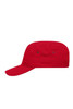 A red military cap featuring a flat crown and a short brim, with two vent holes on the sides.