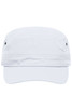 A white military cap featuring a flat visor and vents on the sides. It has a logo on the front.