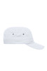 A white military cap with a flat brim and ventilation holes, featuring a small logo.
