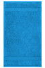 A blue guest towel featuring a textured design and horizontal striping. It also has a logo or branding.