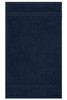 A navy blue guest towel with a textured band detail, featuring a logo at the bottom.