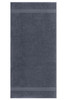 A hand towel in a dark grey shade, featuring two decorative stripes. It has a logo on the fabric.