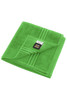 A vibrant green hand towel folded neatly, featuring a loop and striped design. It includes a branded label.