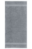 A grey hand towel featuring subtle striped details and a soft texture. The product includes branding.