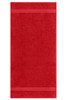 A red hand towel featuring two striped edges and a soft texture, with a branding logo present.