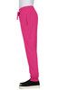 A pair of bright pink jogger pants with an elastic waistband and side pockets, displayed from the side.