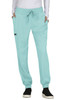 A pair of light turquoise jogger pants with pockets, featuring an elastic waistband and cuffs. There is a logo on the design.