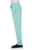 A turquoise jogger pant with elastic waistband and pockets, featuring a logo on the side.