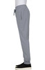 A pair of grey jogger pants with an elastic waistband and side pockets, featuring a logo on the garment.