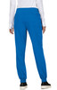 A pair of bright blue jogger pants with an elastic waistband and pockets, viewed from the back.