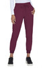 A pair of burgundy jogger pants with a drawstring waist and elastic cuffs, worn by a model.