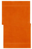 An orange bath towel featuring two horizontal stripes on one side. It has a branded logo.