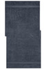 A dark navy sauna sheet with a textured finish and two striped patterns at either end. It features a logo.