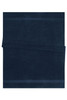 A navy blue bath sheet made of soft fabric, featuring two textured stripes. It has a logo in the corner.