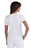 A white women's top with a round neckline and short sleeves, featuring a back pleat detail and a logo.