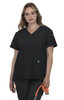 A black medical scrub top with a V-neck design and two front pockets, held by a model. It features a logo.