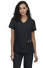 A black medical scrub top with a V-neck, featuring two side pockets and a pair of scissors in one pocket.