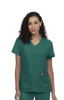 A scrub top in teal green featuring two front pockets and a V-neck design. The model has curly hair and wears it confidently.