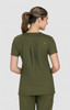 A tops in olive green, featuring a pleated back and a simple design. The model is shown from the back.
