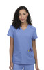 A scrubs top in light blue featuring short sleeves and two front pockets with a logo on the chest.