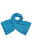 A turquoise gym towel with a soft texture, featuring a simple design and a logo.