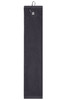 A golf towel in dark grey, featuring a hook for attachment and a sleek design. It has a logo on it.