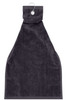 A dark grey golf towel featuring a hanging loop and an attached clip for easy storage.