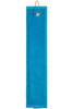 A bright blue golf towel with a grommet and hook for easy attachment. Suitable for golf accessories.