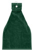 A green golf towel with a hanging loop at the top and a soft, textured surface.