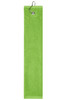 A green golf towel featuring a hook for easy attachment. The fabric appears soft and absorbent.
