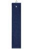 A navy blue golf towel with a clip for attachment. Features a simple design without additional graphics.