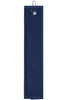 A navy golf towel with a hanging loop, designed for use on the golf course.