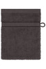 A dark grey flannel towel with a textured surface and a loop for hanging. It features a simple, clean design.