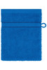 A blue flannel towel with a loop for hanging and two decorative bands on the top.