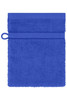 A blue flannel towel with a loop for hanging, featuring a textured surface and a simple design.