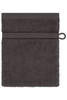 A dark grey towel featuring a textured surface and a loop for hanging. It has a simple, elegant design.