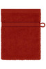A red flannel towel with a loop for hanging and a textured surface. It features a horizontal band near the top.
