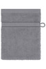A grey towel with a textured surface and a loop for hanging, featuring a stitched band. It has a plain design.