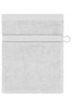 A grey towel featuring a textured design and a hanging loop. It has a simple, neutral appearance.