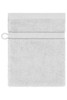 A white towel featuring a textured surface and a hanging loop, with a grey accent band around the middle.