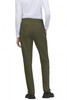 A pair of olive green pants with a fitted design, featuring pockets on the back and worn with a white top.