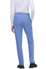 A pair of blue pants with a fitted design, featuring pockets, viewed from the back. Includes a visible logo.
