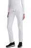 White Atria Pant displayed on a model, featuring a drawstring waist and a sleek design, paired with black footwear.