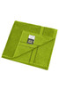 A vibrant green hand towel featuring a textured surface and a branded label.