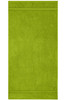 A green hand towel with a textured surface, featuring two horizontal stripes along the top and bottom edges.