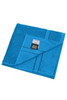 A blue hand towel featuring a pocket and a logo. The towel is thick and plush, ideal for personal use.