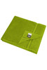 A bright green bath towel featuring a fold-over design and a brand logo. Soft and plush fabric texture.