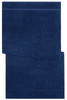 A navy blue bath towel featuring a textured stripe design and a branded logo.
